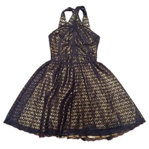 Vintage Moda International Black Lace Mini Dress with Metallic Gold Lining, XS